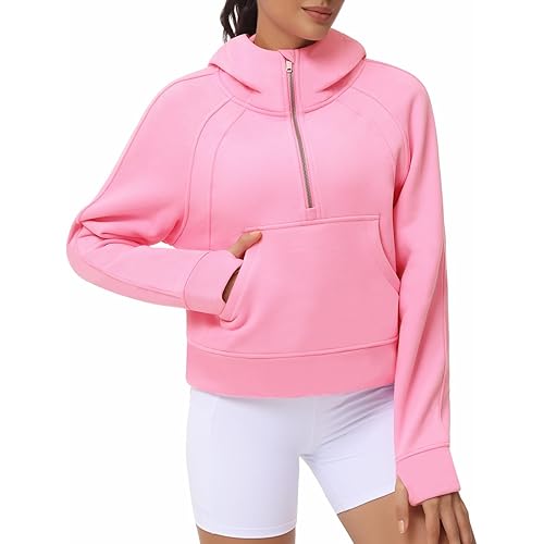 Origiwish Women's Hoodies Fleece Lined Half Zip Pullover Sweatshirt Long Sleeve Crop Tops with Pockets Thumb Hole