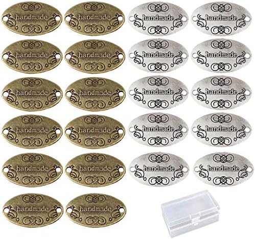 Juland 60PCS Handmade Metal Tags Alloy Hand Made Pendant Bead Charm Metal Label Tag Signs for DIY Jewelry Making Crafts Findings Gift – 32x19mm - Oval Silver +Bronze