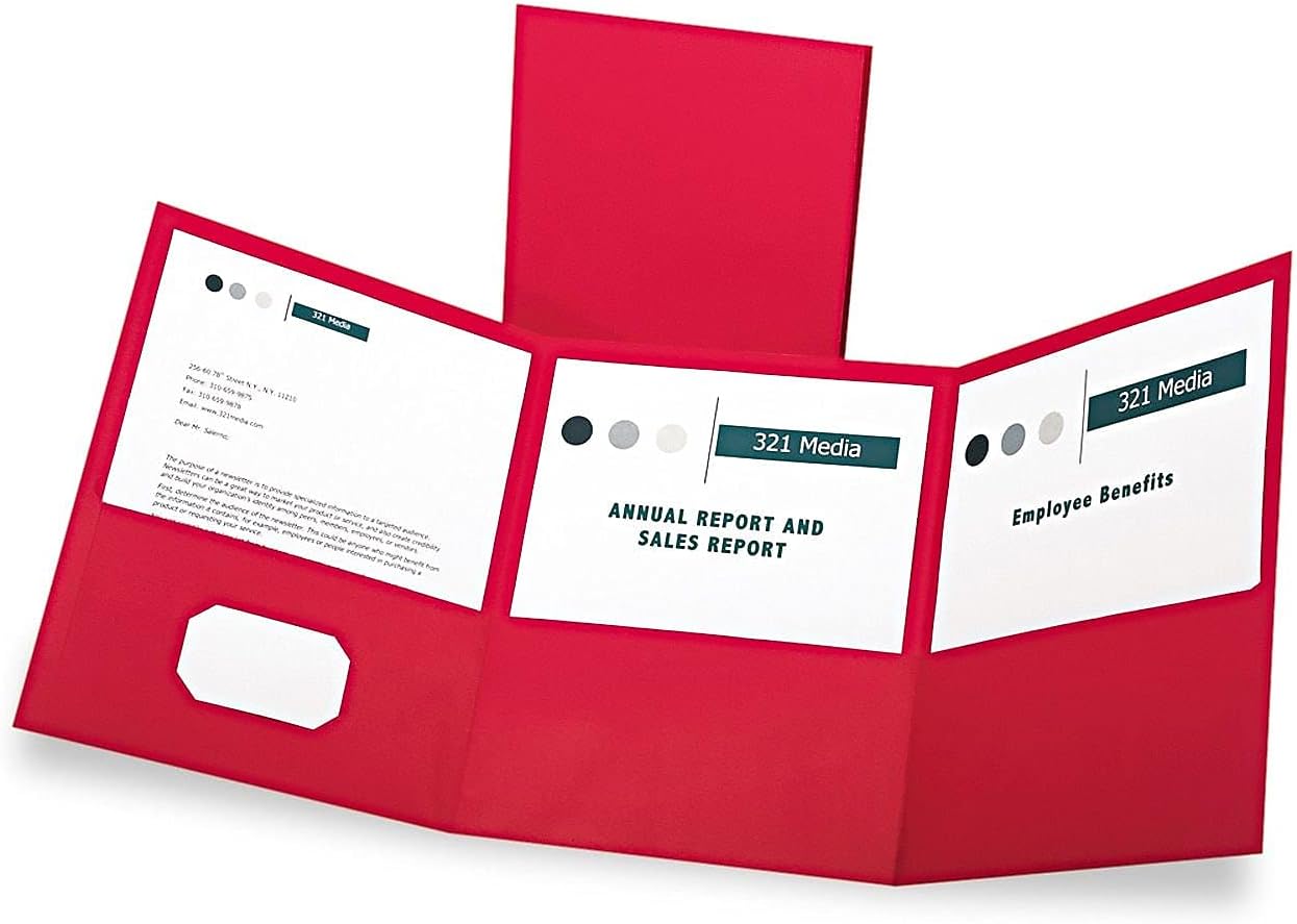 Oxford Tri-Fold Folder W/3 Pockets, 150-Sheet Capacity, 11 X 8.5, Red, 20/Box