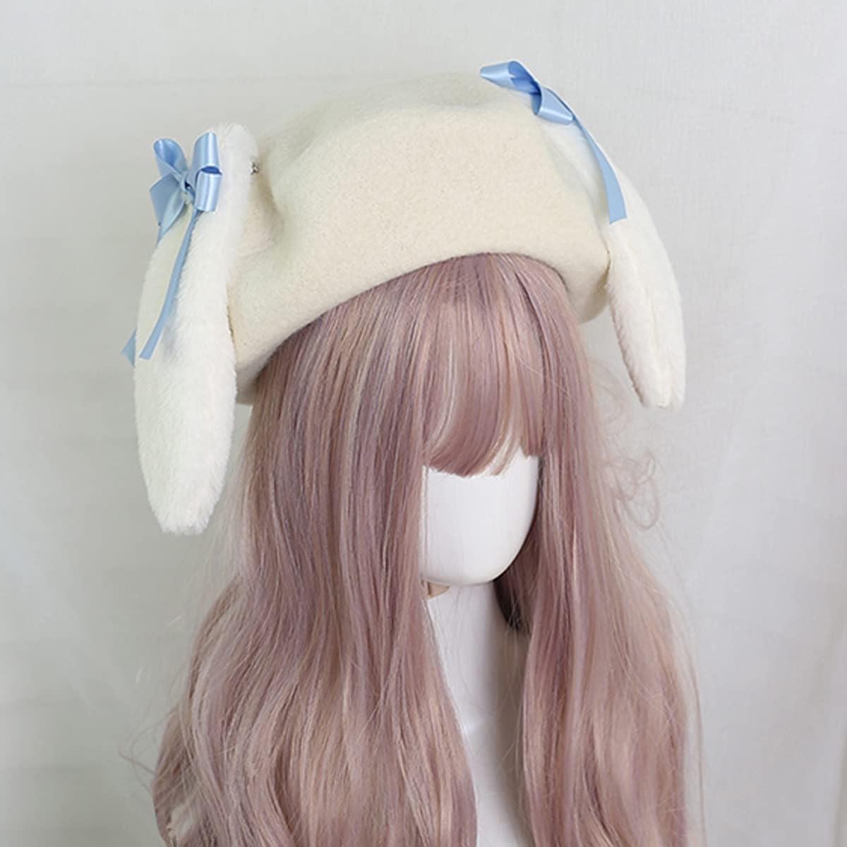 Lolita Beret Hats for Women Cute Bunny Ears Removable Soft Wool Warm Winter Hat White Pink Black