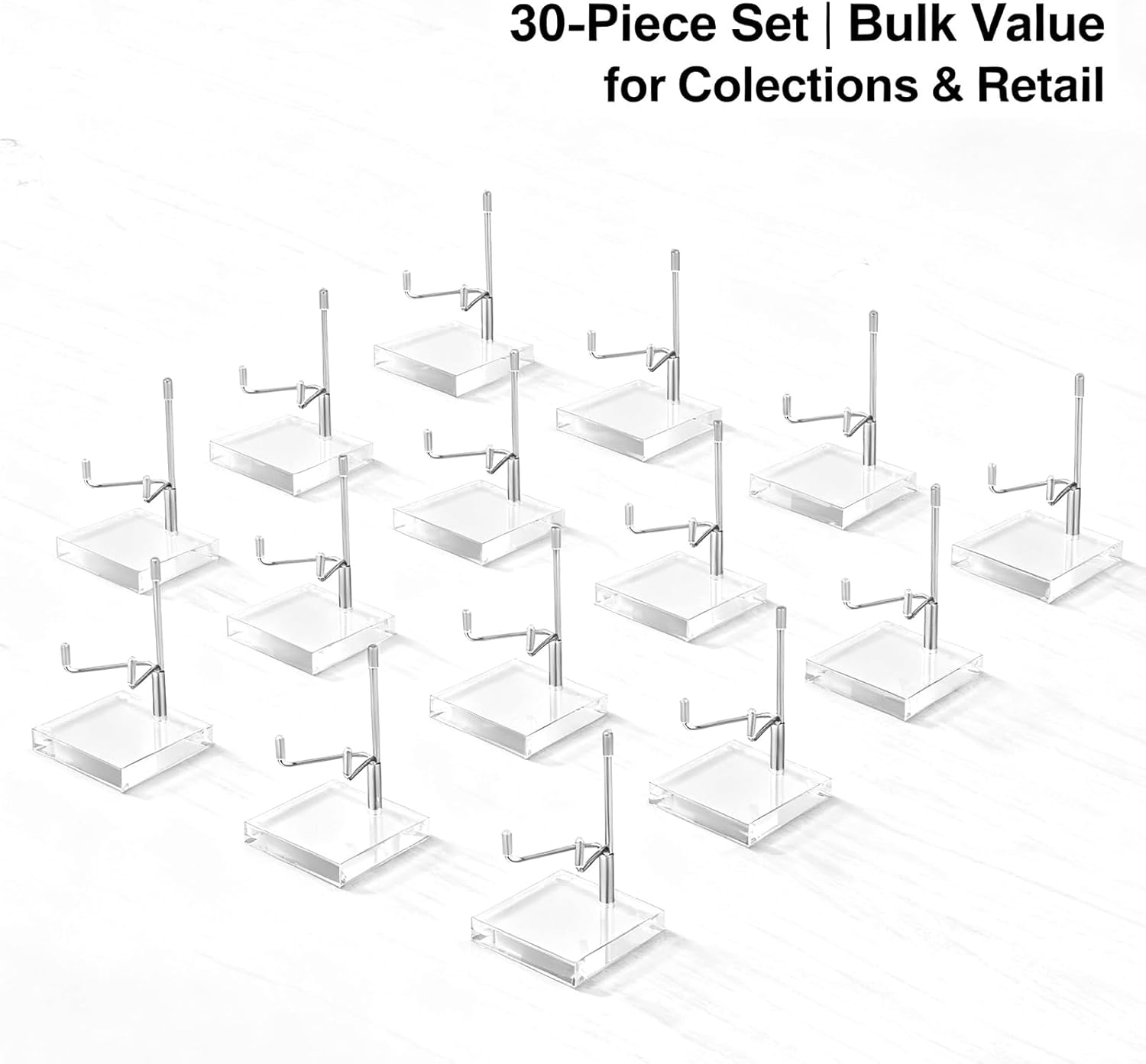 30 Pcs 2x2 Inch Adjustable Metal Arm Display Stand with Acrylic Base, Crystal Rock Holder for Mineral Geode Gemstone Fossils Picture Frames Easels