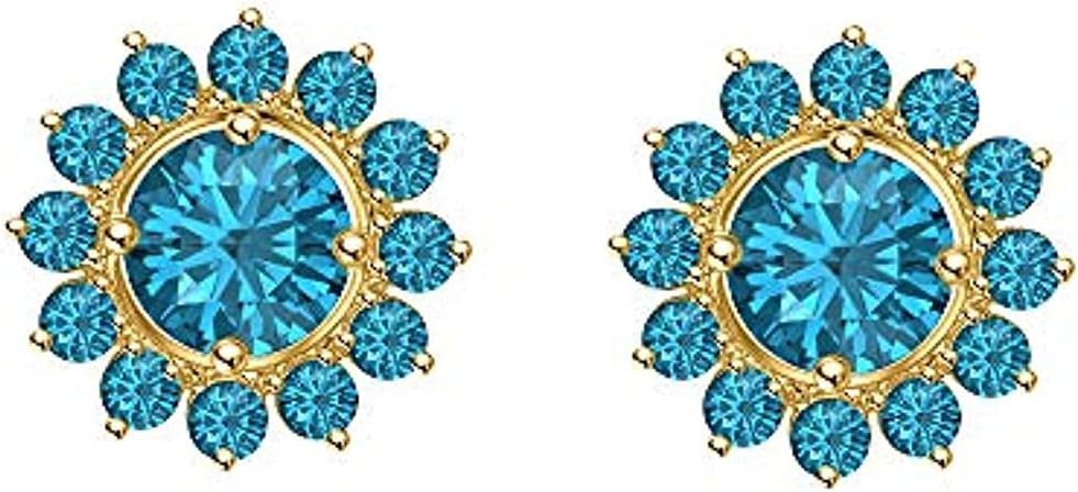 Round Cut Swiss Blue Topaz 925 Sterling Silver 14K Gold Over Diamond Gemburst Halo Jacket Set Stud Earring for Women's