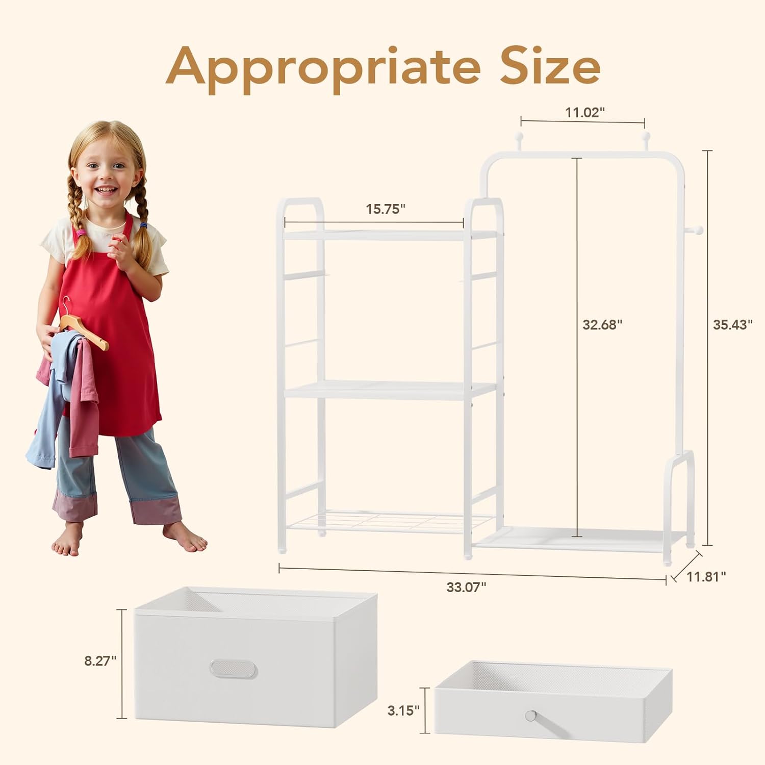 BBLIKE Kids Clothing Rack - Baby Clothes Organizer with Bottom Storage Shelf, Garment Rack With Storage Box for Hanging Clothes, Coats, Skirts, White