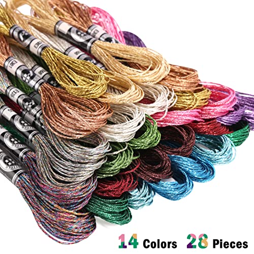 Caydo 28 Skeins Metallic Embroidery Floss Glitter Embroidery Threads Cross Stitch Thread For Friendship Bracelets Diy Embroidery Thread Crafts (14 Colors) #TOP2