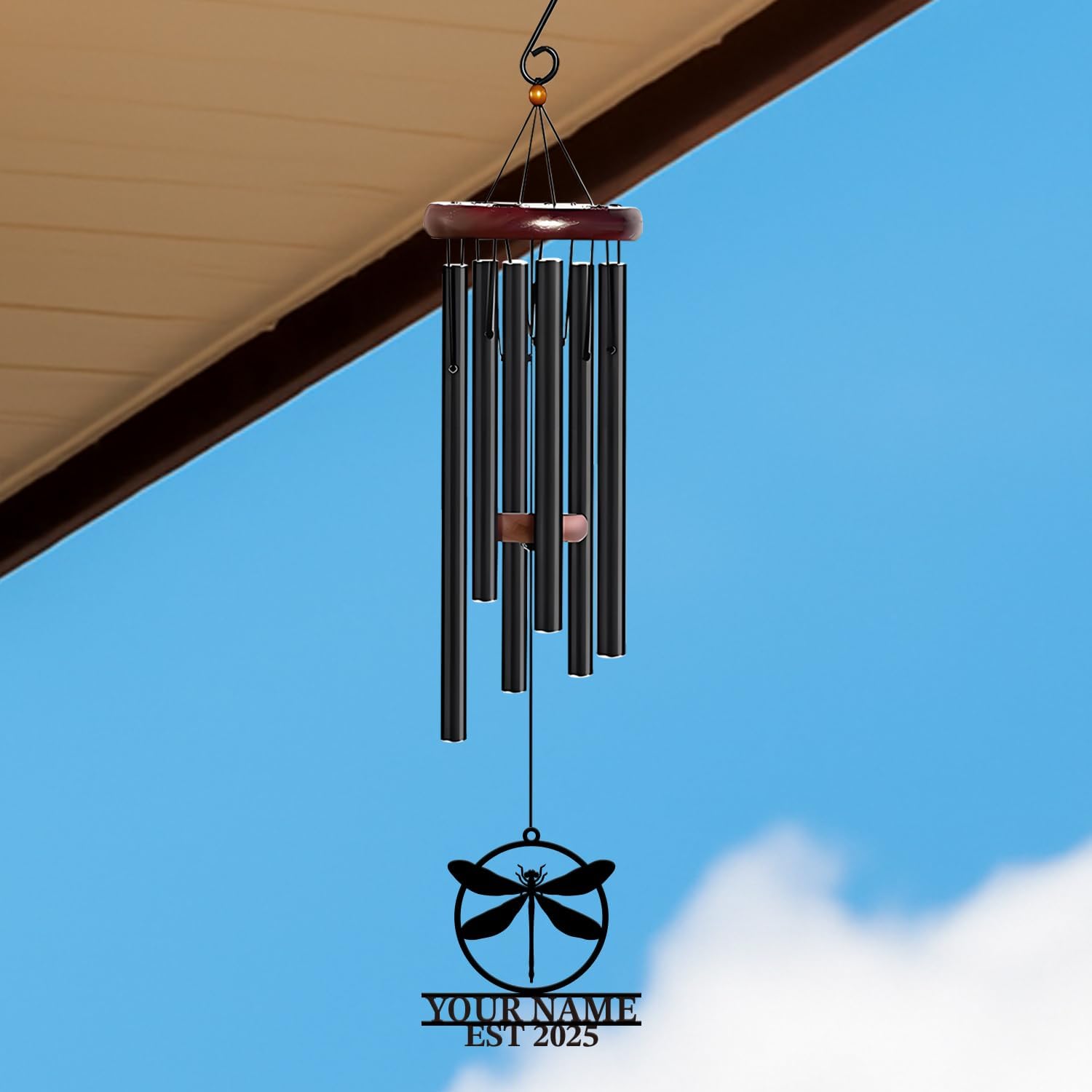 Personalized Customize Name Dragonfly Wind Chime, Metal Iron 37 Inch Outdoor Memorial Gift for Garden Yard Patio Home Decor, Black (Style A)
