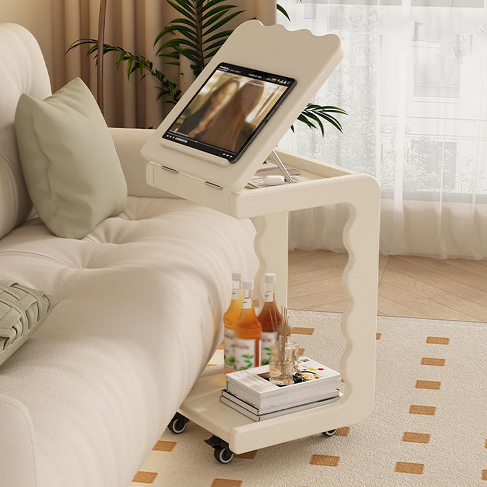 SXZenSpace Adjustable Desktop Solid Wood Bedside End Table, C Table with Wheels,Removable Side Tables for Couch,Living Rooms,Bedrooms,White,White,A