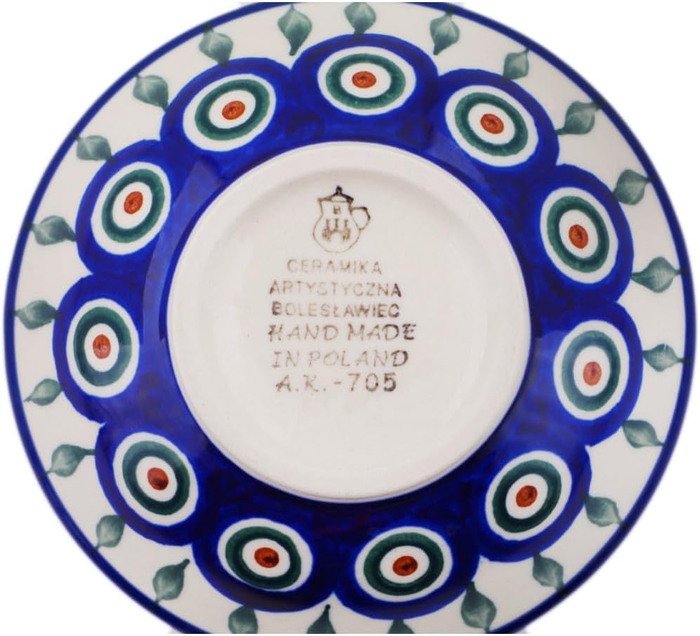 Polmedia Polish Pottery Bowl 5-inch - Peacock Leaves Pattern Handmade in Boleslawiec Poland by Ceramika Artystyczna + Certificate of Authenticity