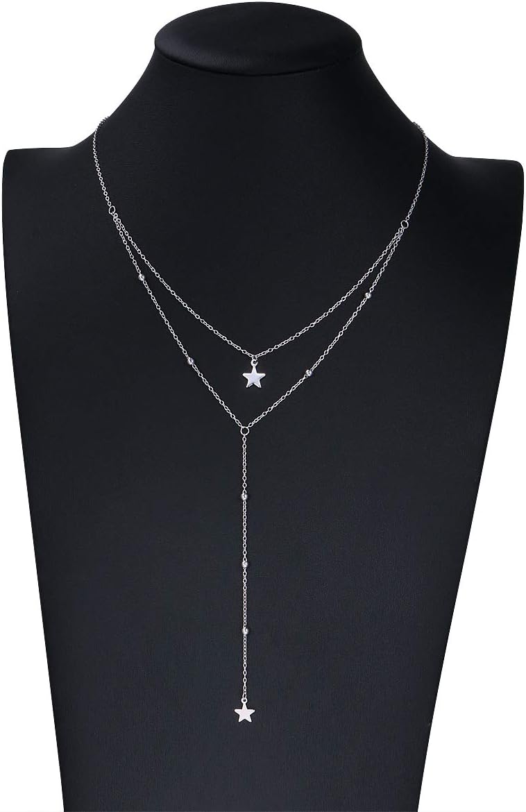 DAOCHONG S925 Sterling Silver Double Chain Bead Star 2 Layered Y Necklace for Women Birthday Graduation Gift Y2K Jewelry (Layered Star)