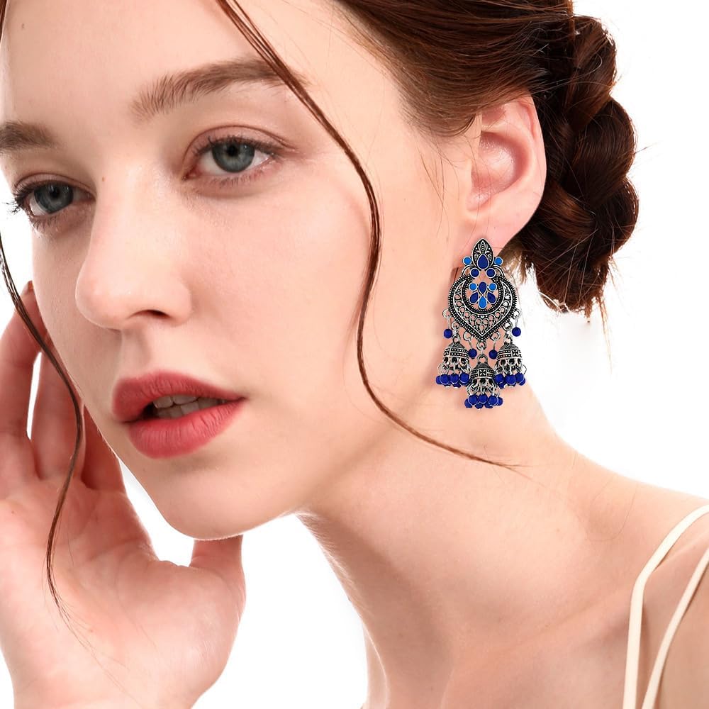 Boho Chandellier Jhumka Statement Dangle Earrings for Women Vintage Large Flower Ball Bead Tassel Drop Dangling Earring Indian Bollywood Jewelry Holiday Festival Christmas Silvery-Blue image 2 of 4 B0DLJT4CHF