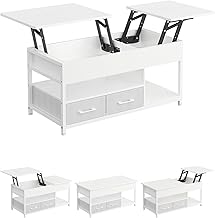 KIMENICH Table Basse Relevable et Pliante, Table de Salon avec Compartiments Cachés et Ouverts, 2 Tiroirs, pour Salon, Bureau, 100 x 50 x 51 cm, Blanc