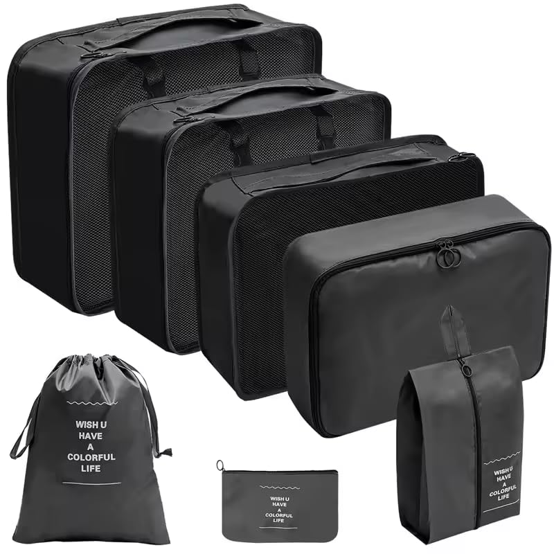Image of Nightstar 7 Pcs Foldable Luggage and Laundry Bag Pouch Waterproof Travel Toiletry Organizer Garment Storage Bag Portable Packing Cubes (1 Pc) (7 Pcs-Black)
