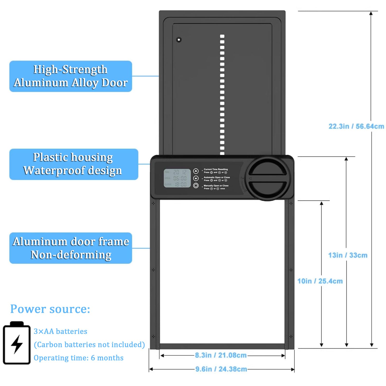 Puerta automática de gallinero con temporizador, control manual, seguridad antipellizcos y pantalla LCD grande