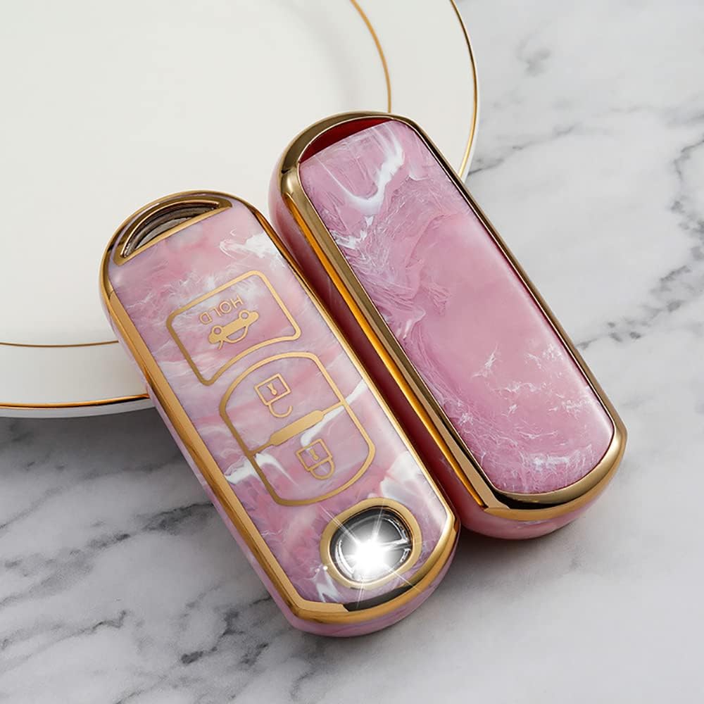 HIBEYO Key Fob Cover for Mazda 2 3 3 Axela 5 6 6 Atenza 8 CX-3 CX-4 CX-5 CX-7 CX-9 MX-5 MX-5 Miata Smart Keyless Auto Key Accessories Key Case Keychains 3 Buttons-Pink
