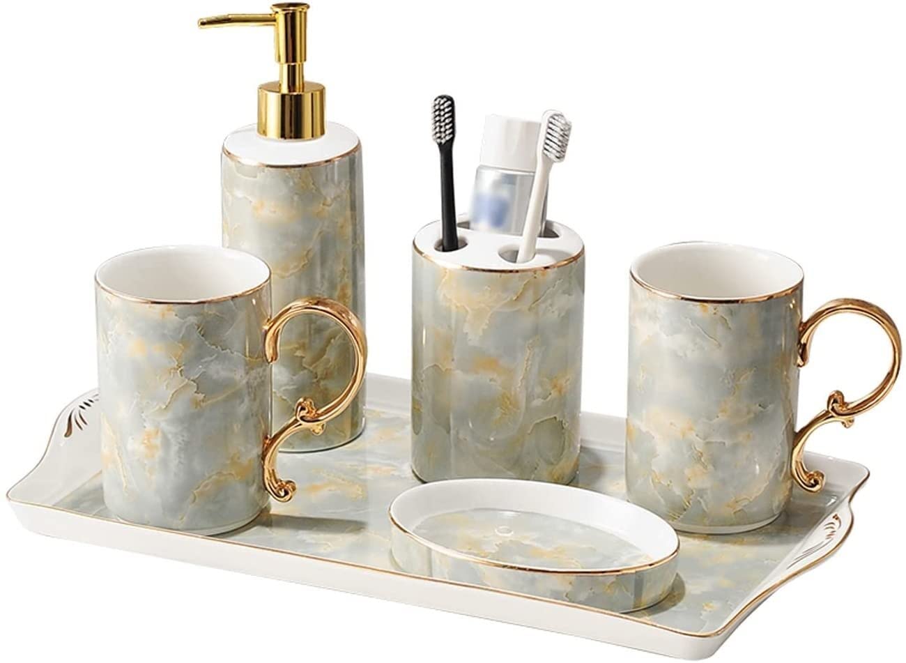 Juego de baño de cerámica gris de 5 piezas con bandeja y vasos para cepillos
