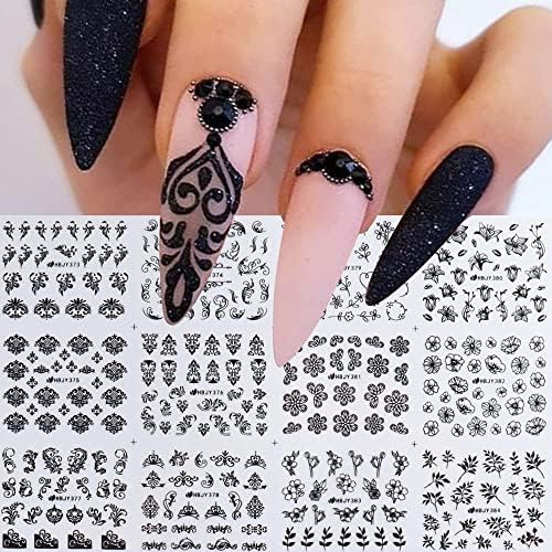 Black Flowers Nail Stickers, Floral Nail Art Decal 3D Self Adhesive Black Lace Retro Flower Vine Leaf Nail Decals for Women Nail Designs Nail Decoration(373-384 Black)