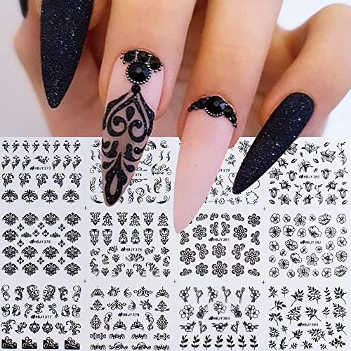 Black Flowers Nail Stickers, Floral Nail Art Decal 3D Self Adhesive Black Lace Retro Flower Vine Leaf Nail Decals For Women Nail Designs Nail Decoration(373-384 Black) #TOP23