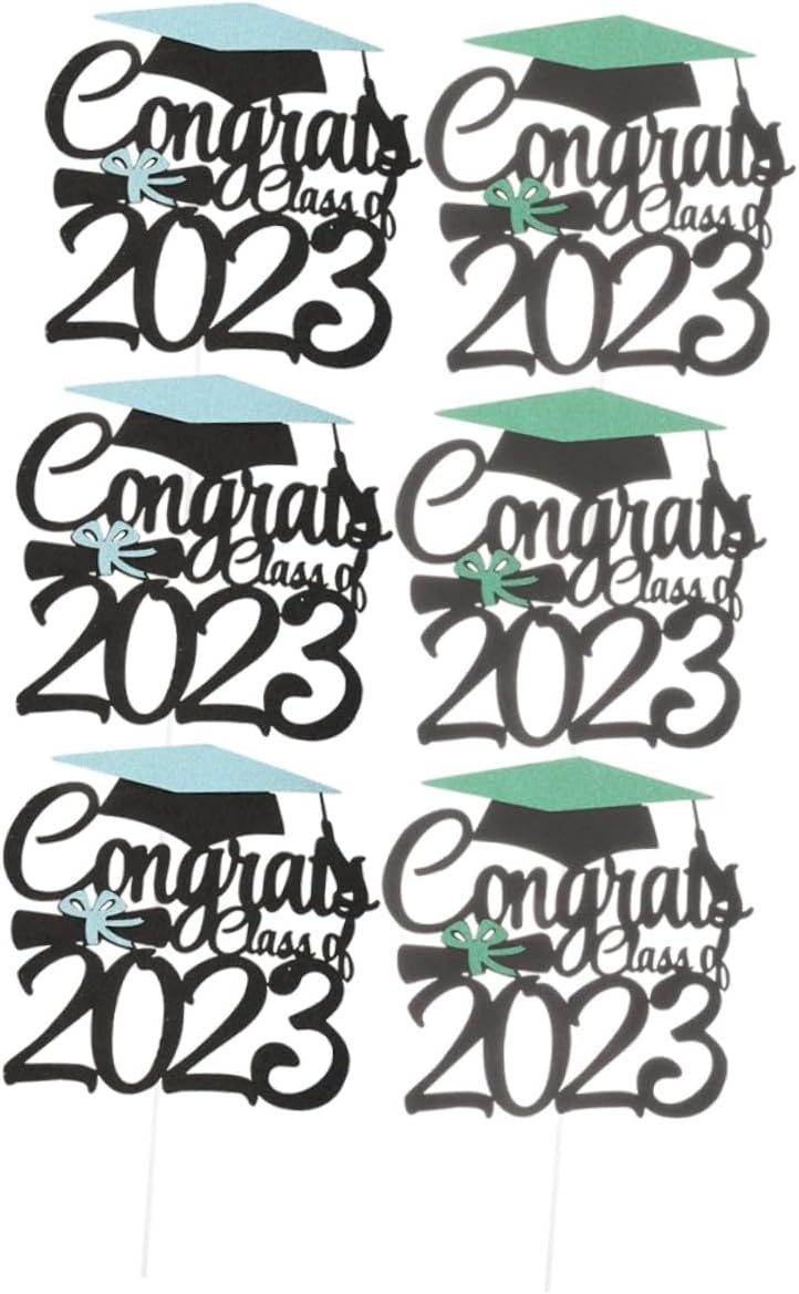 jojofuny 2023 Graduation Cupcake Toppers and Grad Cake Decorations for Party, Plastic Non-edible Cake Insert Picks, Blue and Green 6pcs Set for Graduation Celebration