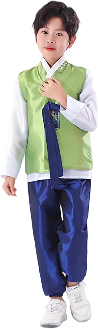 Boys Traditional Dolbok Korean Long Sleeve Shirt Top Vest Pants Suit | Embroidered Floral Pattern Outfit Buckle Strap Design for Stage Halloween Outfit Party Cosplay Costume