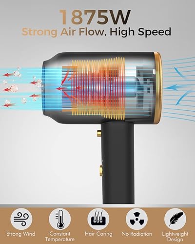 Miniatura 2 de ANIEKIN Secador de pelo 1875W con difusor, secador de pelo iónico de viaje, cuidado del cabello a temperatura constante sin dañar el cabello, negro