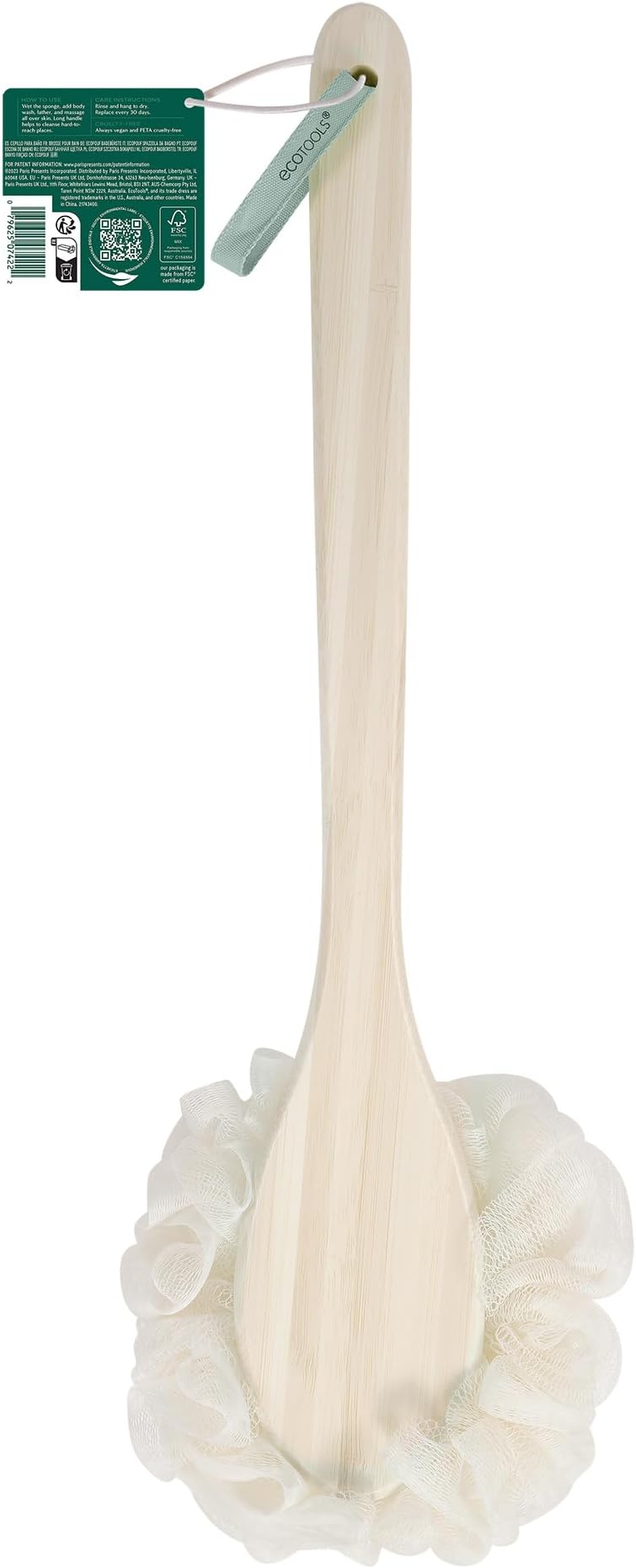 EcoTools Body Scrubber Loofah Bath Brush, Back Sponge for the Shower with Ergonomic Handle, Cleanses Hard To Reach Areas, White, Bamboo,1 Count
