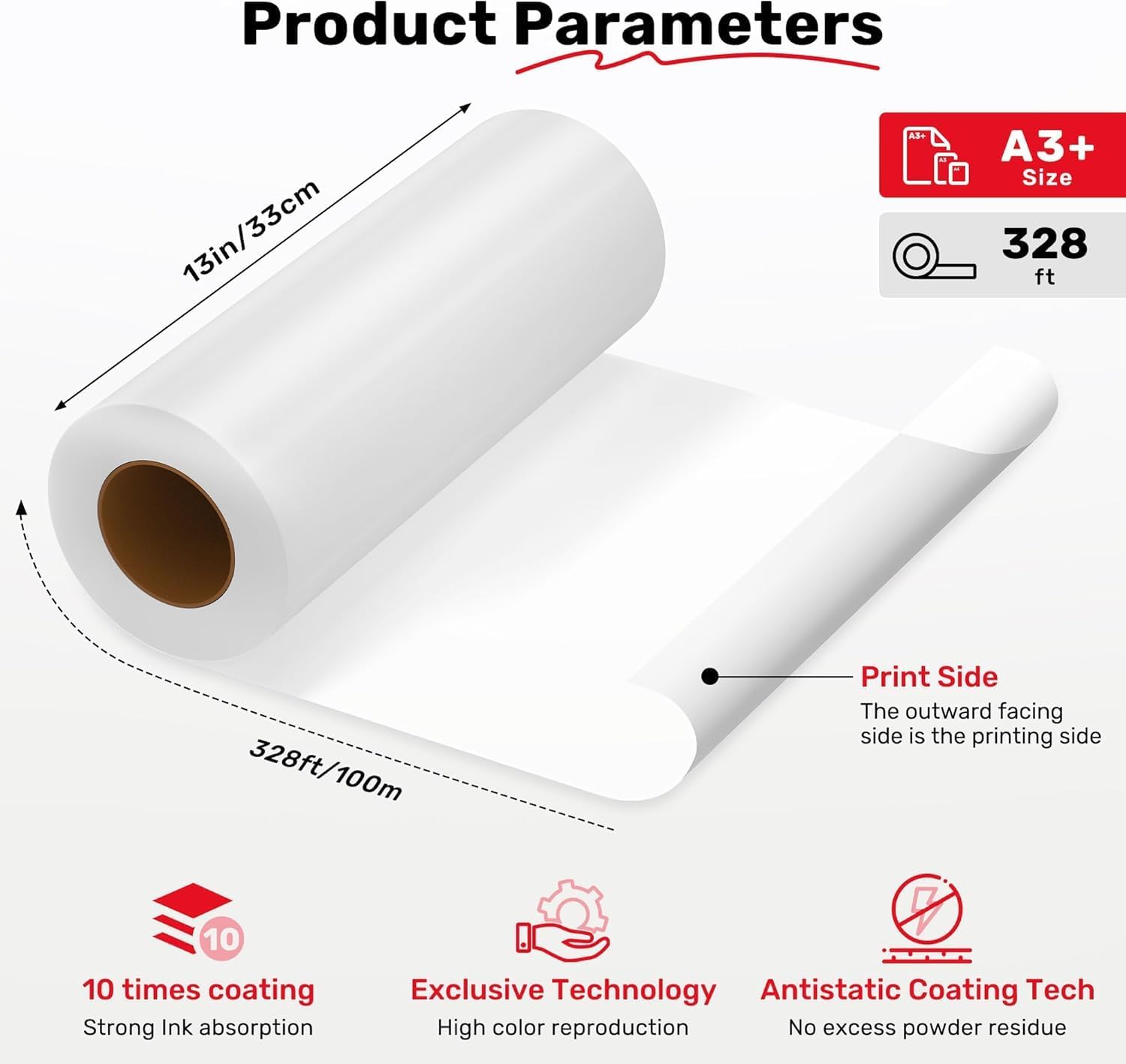 13inch DTF Film Roll, A3+ DTF Transfer Paper for Direct Transfer Film Printer, Double Sided Coated with Anti-Static Layer, Matte, Cold & Hot Peel Compatible (13 in × 328ft)