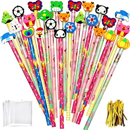 Uooker Cute Pencils for Kids, 25 Pcs Cartoon Wooden Graphite Pencils with Eraser Toppers, Party Favours for Birthday Christmas, Kids Party Bag Fillers, School Rewards for Students(Color/Style Random)