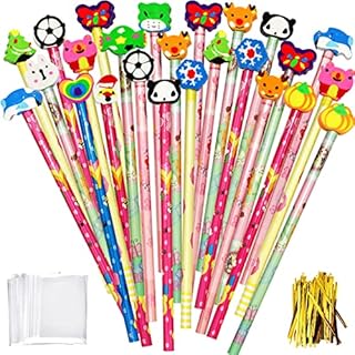 Uooker Cute Pencils for Kids, 25 Pcs Cartoon Wooden Graphite Pencils with Eraser Toppers, Party Favours for Birthday Christmas, Kids Party Bag Fillers, School Rewards for Students(Color/Style Random)