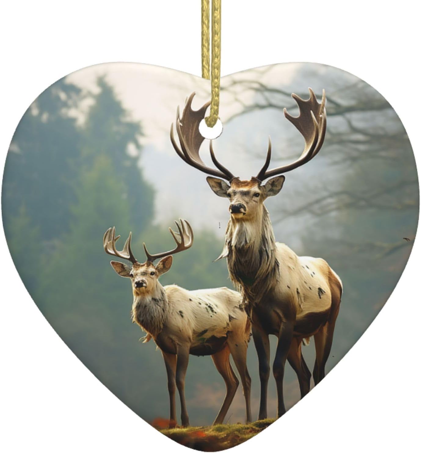 Ceramic Christmas Ornaments Heart Shaped Xmas Hanging Ornament Double-Sided Deer with Antlers Print Christmas Tree Pendants for Fireplace Party Holiday Wedding Xmas Decoration