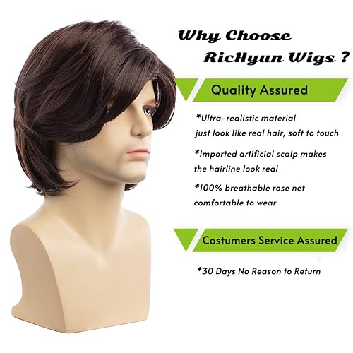 Miniatura 3 de RicHyun Peluca corta marrón para hombre, peluca corta de pelo sintético natural en capas para disfraz diario de Halloween