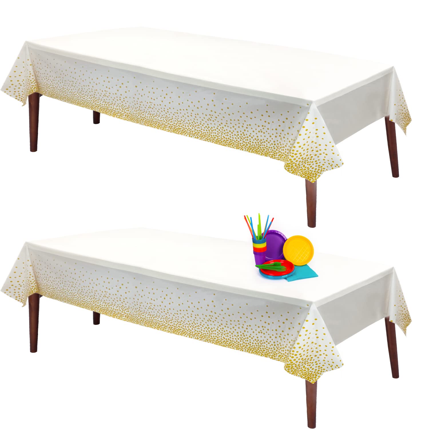 excovip2 Packs Rectangular Tablecloth with Gold Circle, Disposable Gold dot Plastic Table Cover, Gold Party Decorations Smooth Tablecloth for Parties, Weddings(2 Pieces 106× 53 inch) - 9755