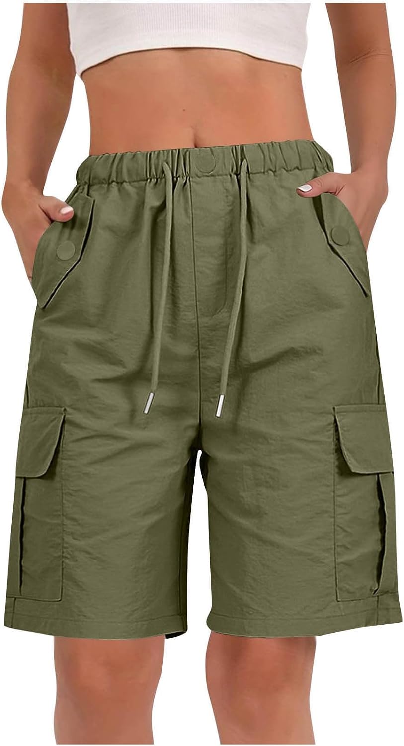 Women's Bermuda Cargo Shorts Hiking Work Summer Cargo Shorts with Pockets Plus Size Loose Fit Elastic Waist for Hiking