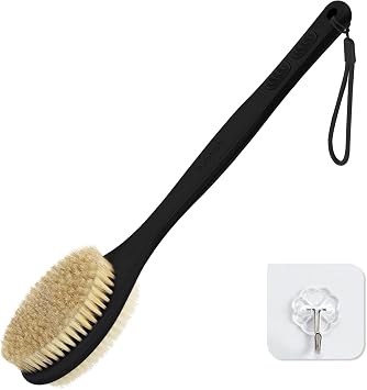 Back Scrubber for Shower with Long Handle, Exfoliating for Body,Black | Double Sided Bristles Stiff & Soft, Anti-Slip Grip, Lightweight - Gift for Seniors, Includes Lanyard & Hook
