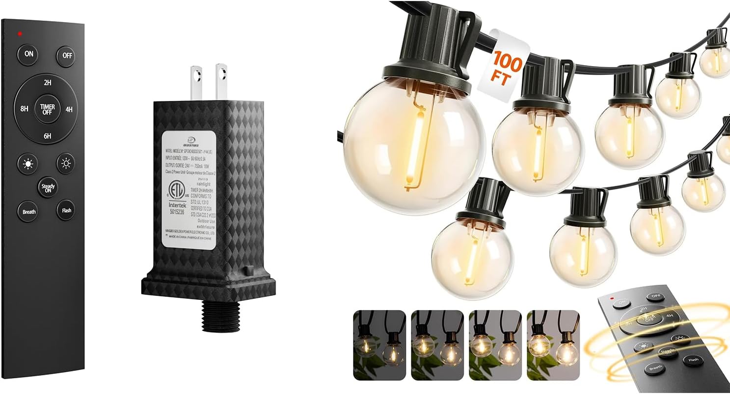 addlon 100FT LED Outdoor String Lights G40 with Replacement Adapter and Remote