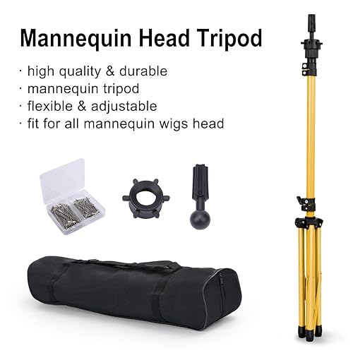 Miniatura 8 de Klvied Soporte para peluca reforzado, trípode ajustable para peluca para cosmetología y peluquería, soporte de cabeza de maniquí de metal para