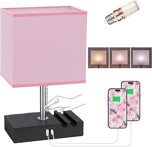 Lámparas de noche para mesita de noche con cadena de tracción, lámpara de mesa con puertos de carga USB C+A y ranuras para teléfono, lámpara de