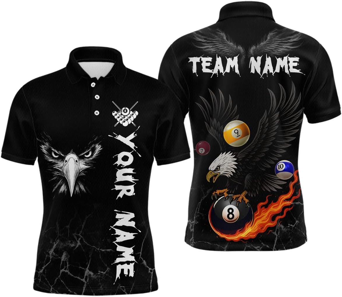 Personalized Black Eagle 8 Ball Pool Custom Billiard Shirts for Men Women Unisex Polo &1/4 Zip Shirts Billiard Jerseys