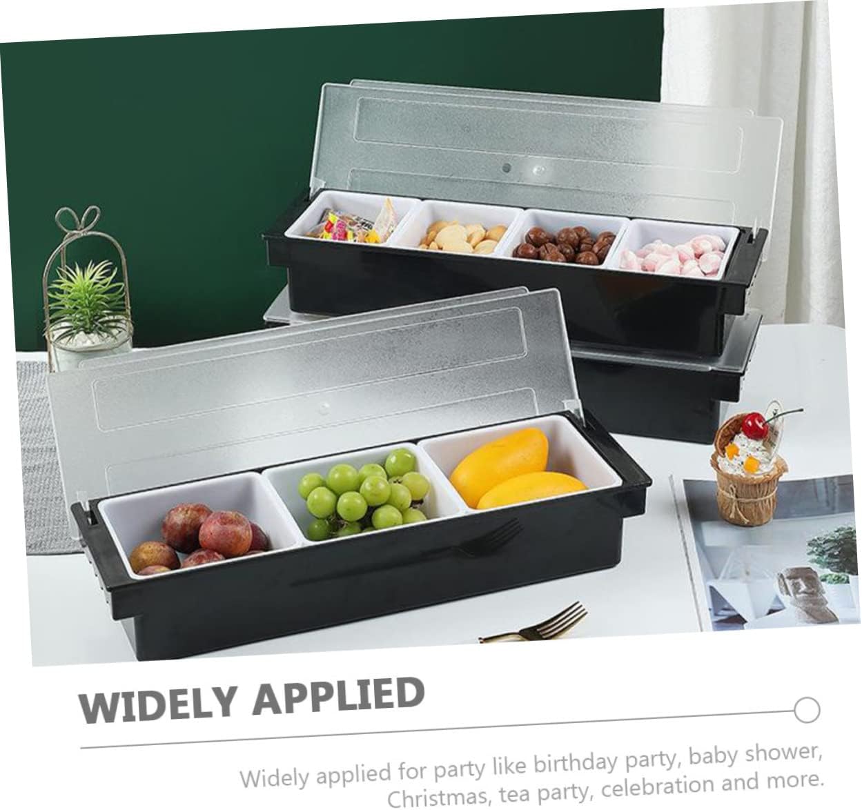 Cabilock Divided Bar Condiment Box Lid 3-Compartment Fruit and Snack Container Plastic Serving Case for Parties and Gatherings