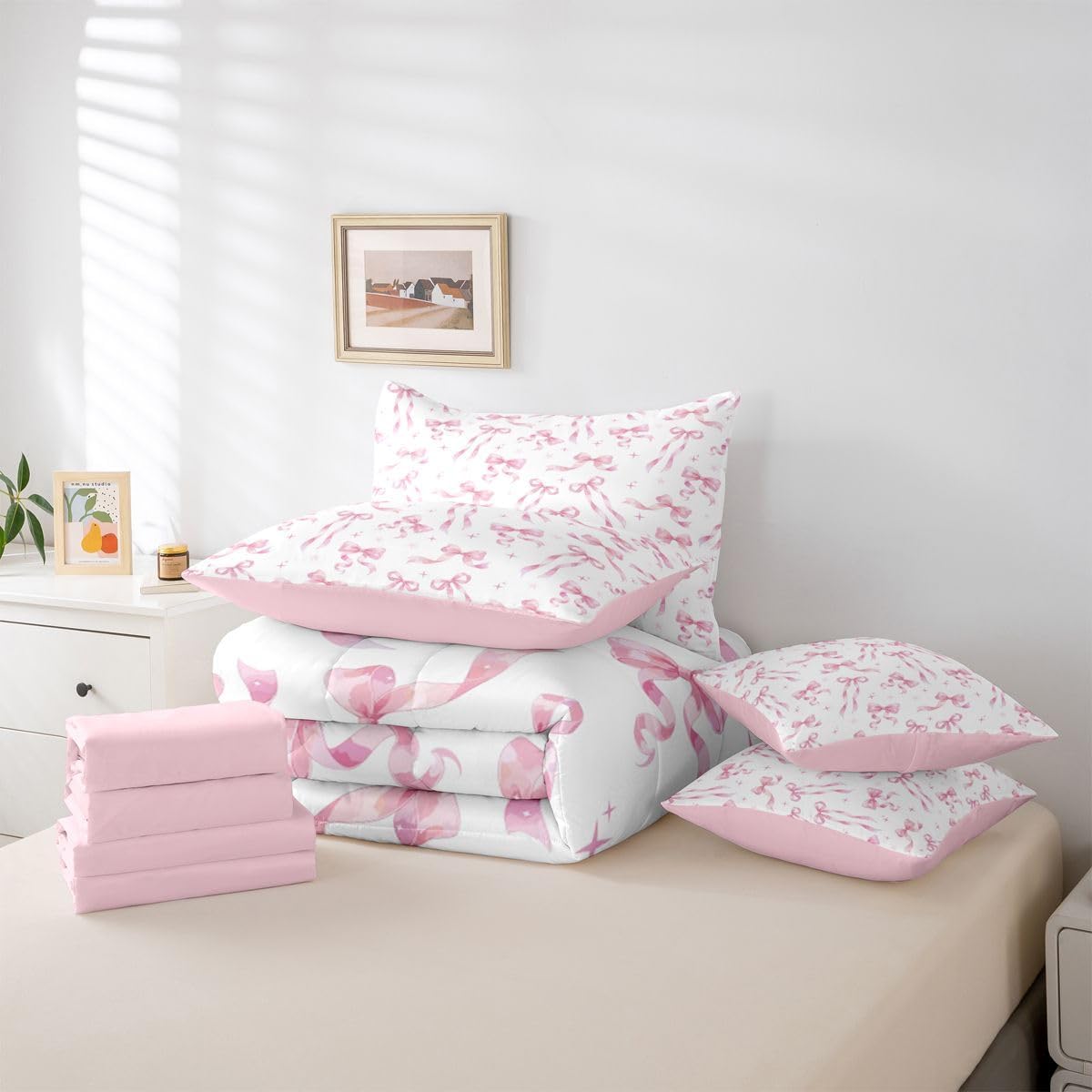 Erosebridal Pink Bows 7 Piece Bedding Set Twin Coquette Bows Comforter Set with Sheets Girly Cute Bow Bed in A Bag Dreamy Princess Style Bed Sets with 2 Pillowcases, 2 Throw Pillow Covers,