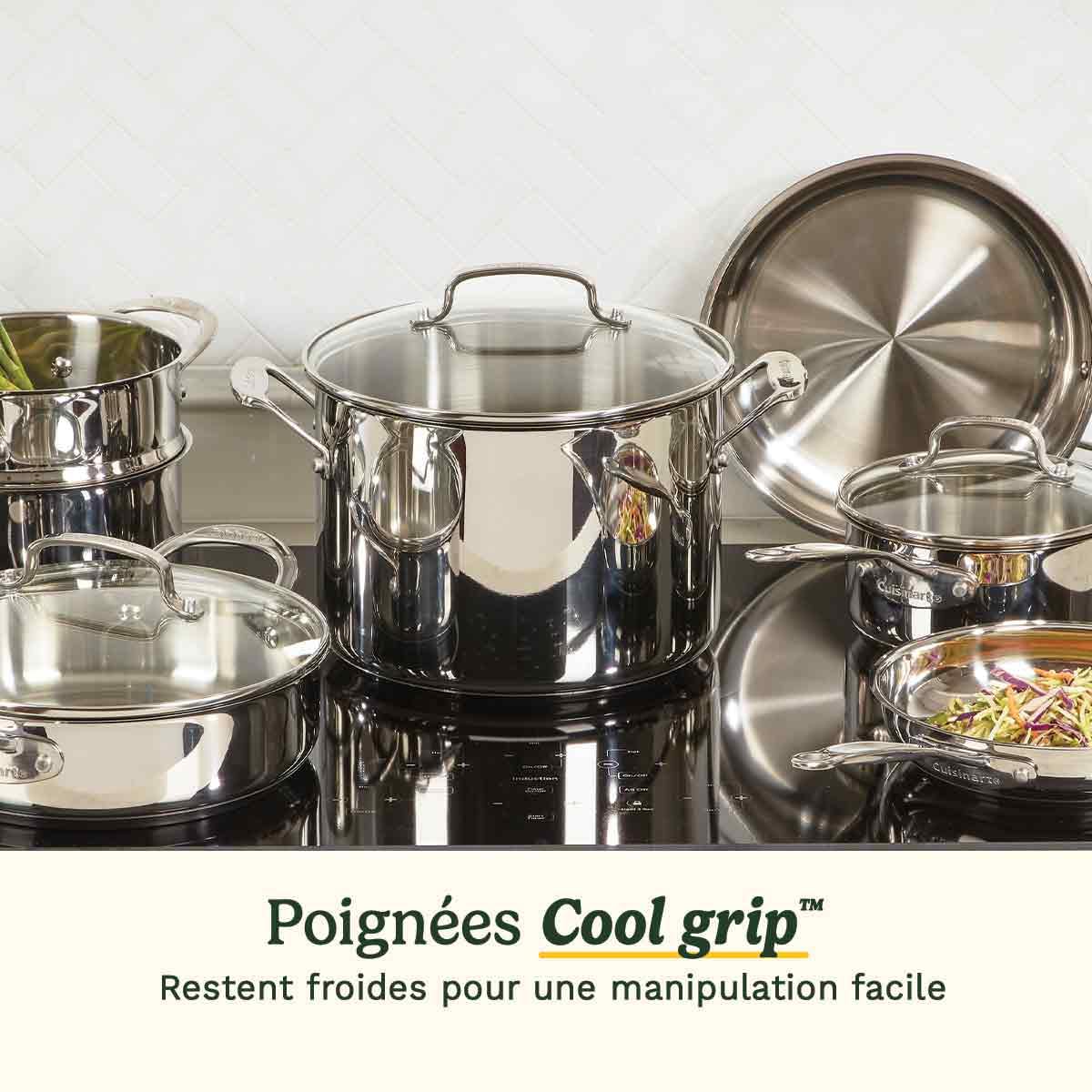 Batterie inox Cuisinart® Chef’s Classic™ 11 pcs : casseroles, poêles, faitout, vapeur | Induction | Fond alu | Poignées Cool Grip™ | Marquages | Couvercles verre | Lave-vaisselle - 7711G