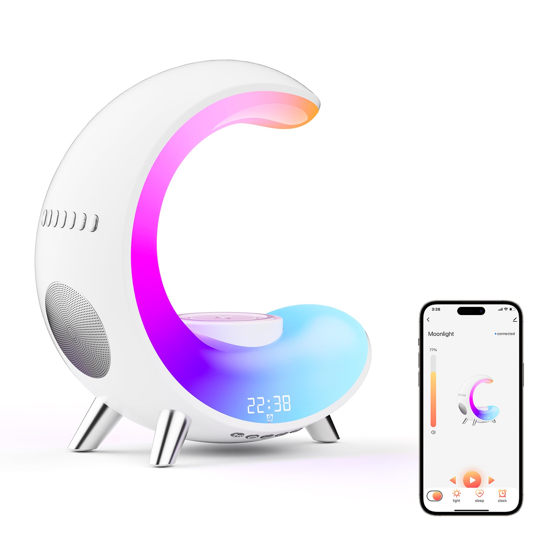 SONTHIN Desk Lamp with Wireless Charger, Table Lamp with Bluetooth Speaker Alarm Clock, Color-Changing Ambient Light for Living Room, Bedroom, and Gifts