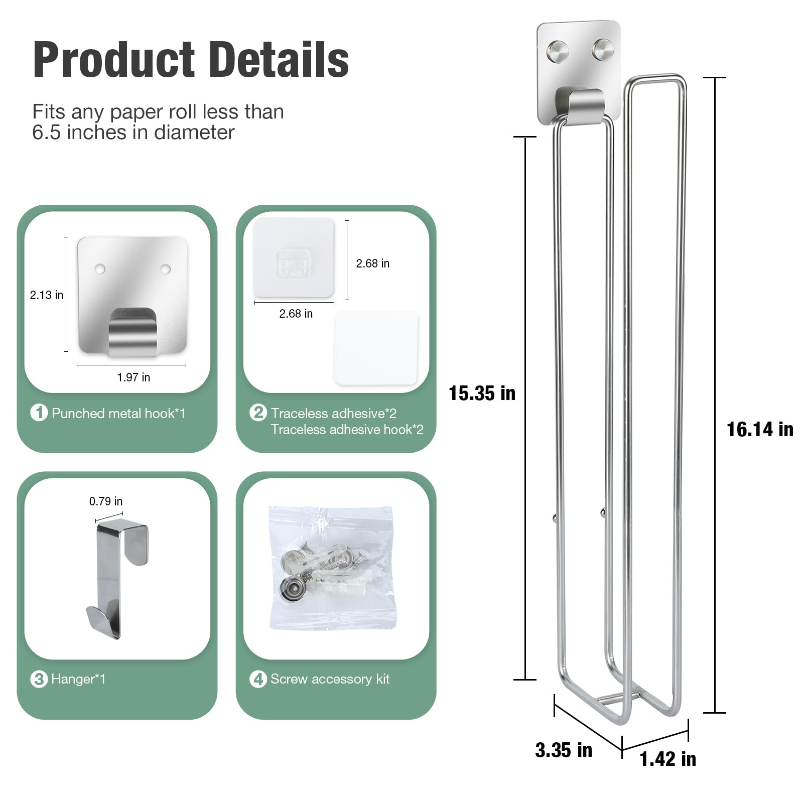 Soporte de pared para papel higiénico, almacenamiento de papel higiénico autoadhesivo para papel higiénico de 4 rollos de papel, soporte de papel higiénico sobre el tanque, de acero inoxidable para almacenamiento en el baño (plata, 1 unidad) 6