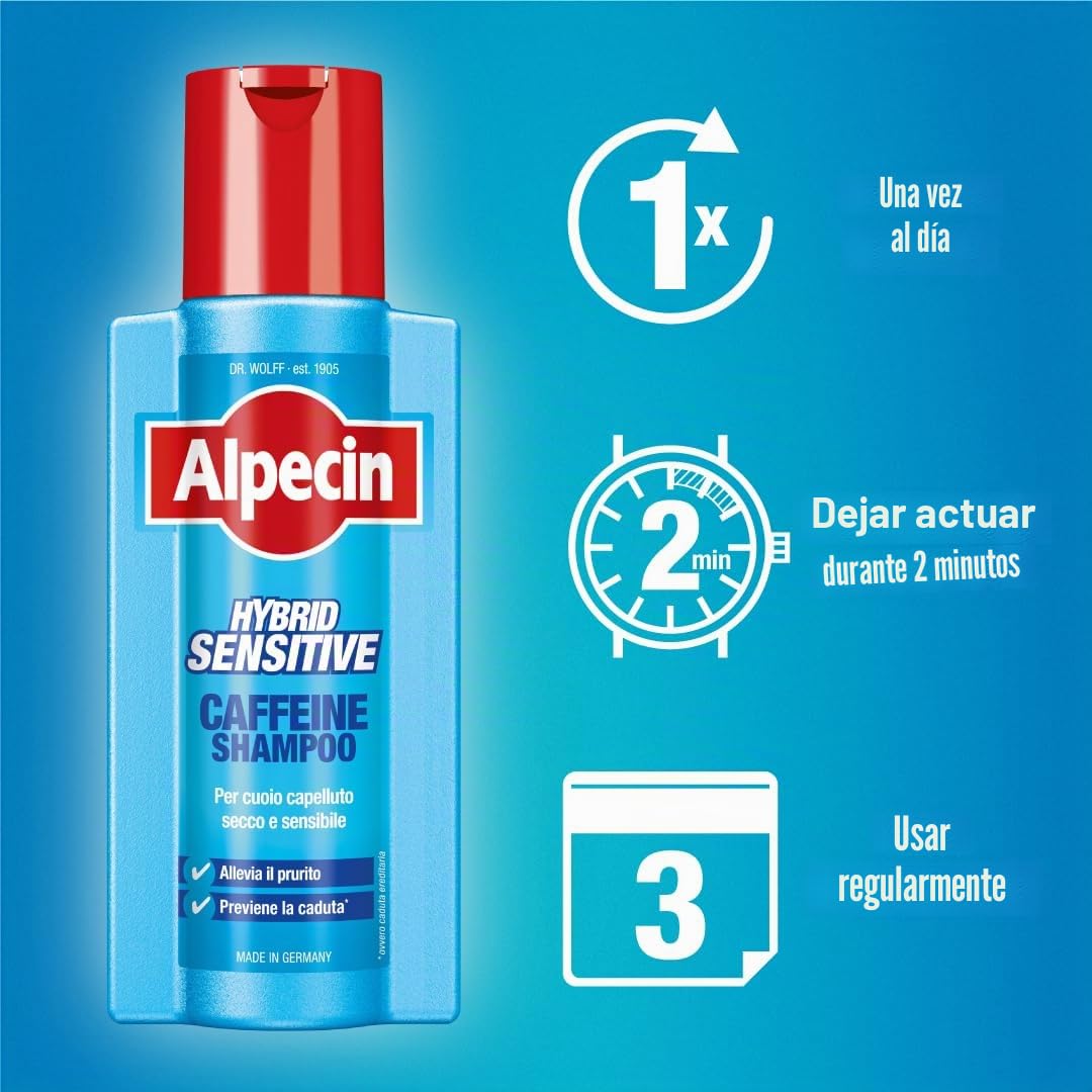 Alpecin Champú Hybrid Cafeina, 2 x 250 ml, para cuero cabelludo seco o picor