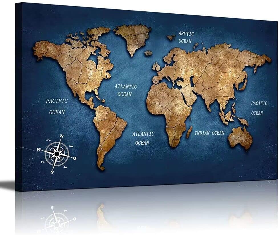 TAOMI Navy Blue World Map Canvas Art - Colorful Wall Art for Classroom, Living Room, Office & Bedroom - 20x40inch