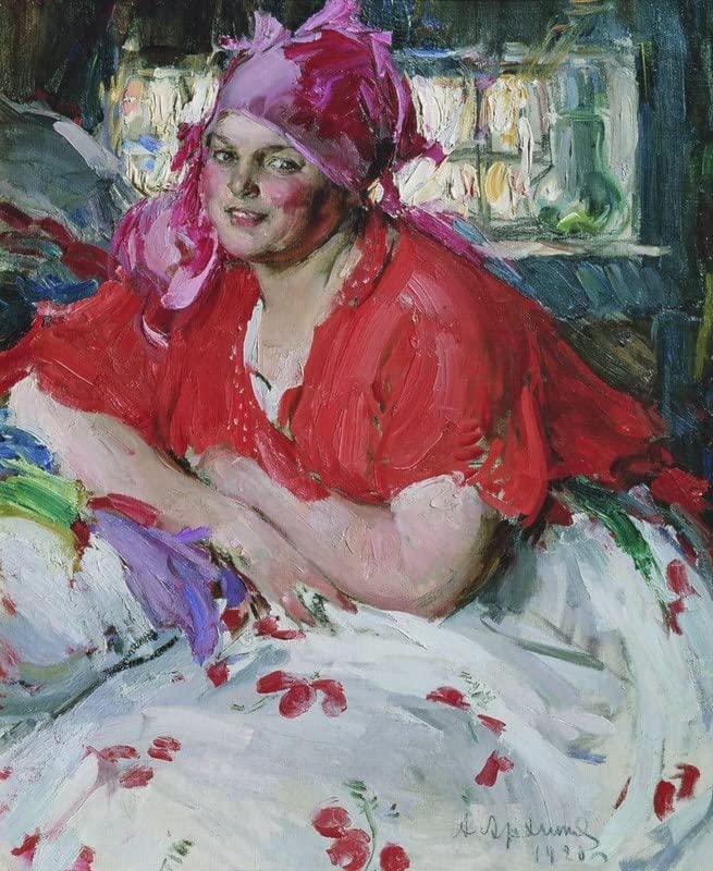 Affiche toile Jeune paysanne en rouge pour salon chaleureux et décoration murale