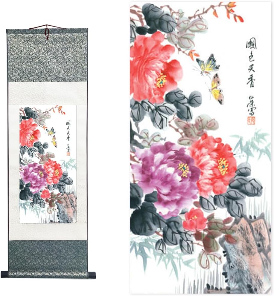 Chinese Brush Painting, Chinese Landscape Ink Painting, Chinese Flower and Bird Ink Painting, Asian Tapestry, Silk Scroll Painting, Decor Chinese Wall Hanging Painting 39*12"/100*30cm (Peony B)