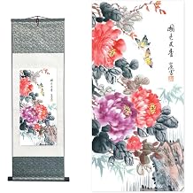 Chinese Brush Painting, Chinese Landscape Ink Painting, Chinese Flower and Bird Ink Painting, Asian Tapestry, Silk Scroll Painting, Decor Chinese Wall Hanging Painting 39*12"/100*30cm Peony B