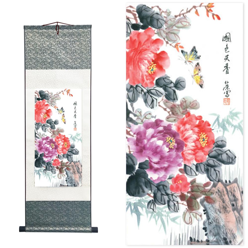 Chinese Brush Painting, Chinese Landscape Ink Painting, Chinese Flower and Bird Ink Painting, Asian Tapestry, Silk Scroll Painting, Decor Chinese Wall Hanging Painting 39*12"/100*30cm (Peony B)