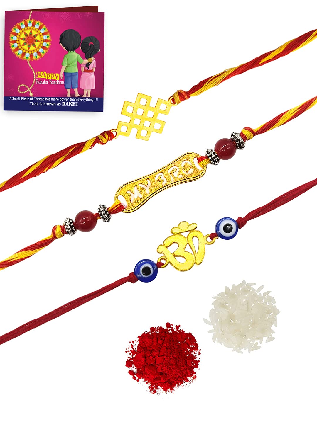 Yellow Chimes Combo of 3 Pcs Handmade Dori Worked Gold Toned OM My BRO and Celtic Design Evil Eye Beads Rakhi for Brother with Roli & Chawal, Red, Gold, Medium (YCTJRK-15BHAY-GL) For Men (B098DHTWX6) Amazon Price History, Amazon Price Tracker