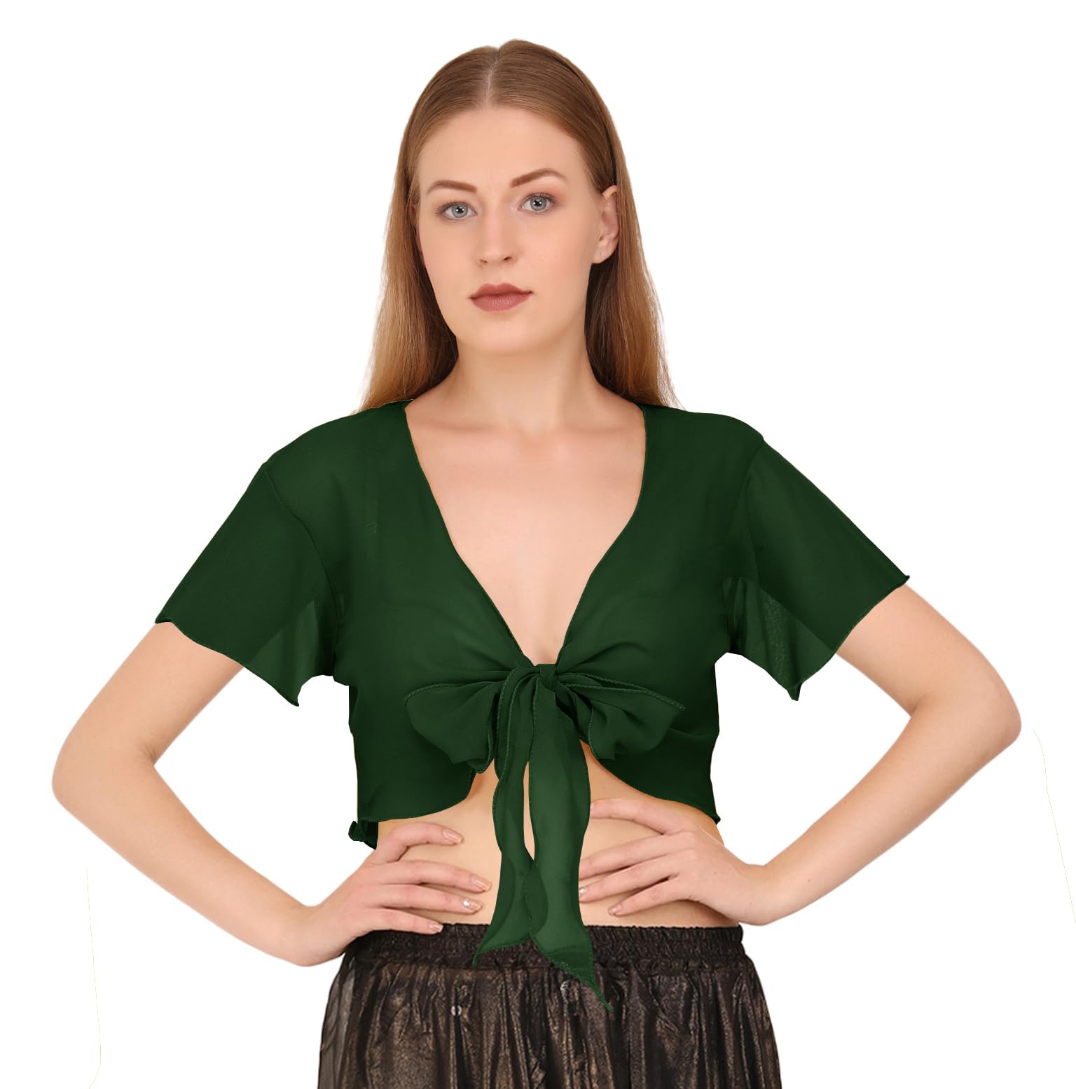 Indian Trendy Women's Chiffon Short Sleeve Tie Top Choli Blouse Belly Dance Gypsy Tie Front Cardigan Tops