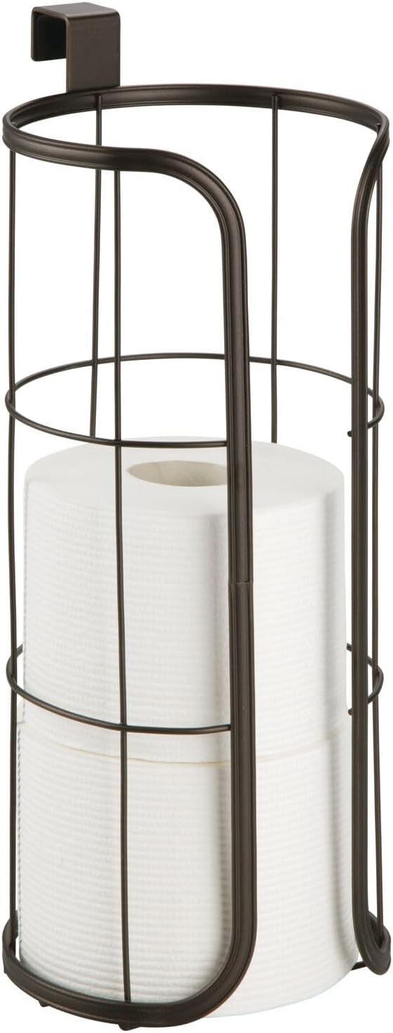 mDesign Modern Over The Tank Hanging Toilet Tissue Paper Roll Holder and Reserve for Bathroom Storage - Stores 3 Extra Rolls, Holds Jumbo-Sized Rolls - Durable Metal Wire - Bronze